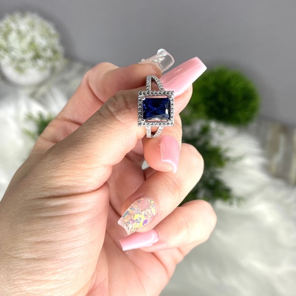Blue Sapphire Rectangular Halo CZ Ring - Picture 4 of 5